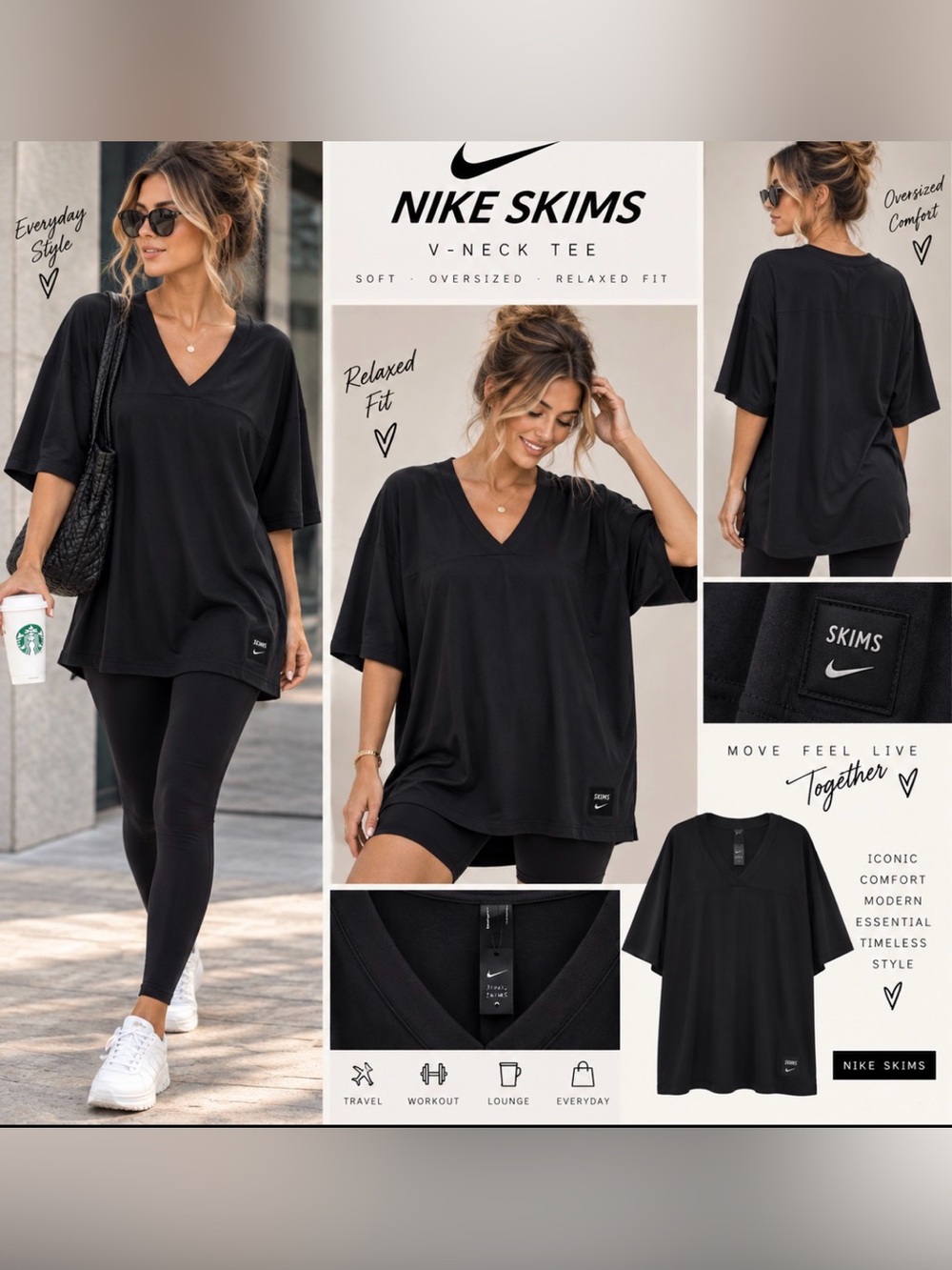 NikeSkims V-Neck Short Sleeve Tee Shirt Women XL NEW Oversize Relax Fit Workout